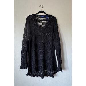 JH Collectibles Crochet Sweater Women’s Plus Size 1X Black‎ Shimmer Boho V Neck